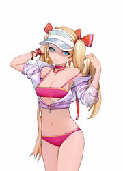 1girls bare_shoulders bikini bikini_under_clothes blonde_hair blue_eyes bow breasts clavicle clothing cowboy_shot earrings female hair_ornament hairbow holding holding_hair hoop_earrings jewelry legs_together lips long_hair looking_at_viewer navel open_clothes original pink_bikini simple_background smile solo swimsuit tied_hair twintails very_long_hair visor_cap white_background yugen99