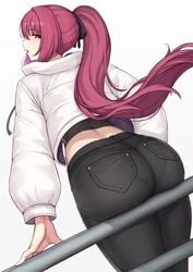 1girls ass ass_support bangs black_pants black_ribbon blue_pants blush casual curvy dat_ass denim evan_yang eyebrows eyebrows_visible_through_hair eyelashes eyelashes_visible_through_hair fate/grand_order fate_(series) female_ass from_behind hair_between_eyes hair_ribbon highres jacket jeans large_breasts long_hair long_sleeves looking_at_viewer looking_back midriff open_mouth pants pantylines parted_lips ponytail purple_hair railing red_eyes ribbon scathach_(fate) shirt sidelocks simple_background solo thighs tight_jeans tight_pants very_long_hair white_background white_jacket wide_hips