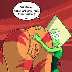 anal anus ass ass_juice biting_lip female female_only fingering fingering_ass from_behind green_skin hand_on_ass jasper_(steven_universe) knullmannen leaning_forward muscular_female orange_skin peridot_(steven_universe) platinum_blonde_hair presenting presenting_hindquarters pussy size_difference steven_universe thick_thighs visor yuri