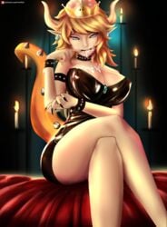 1girls alternate_version_at_source alternate_version_available areola areolae aroused big_breasts black_dress black_outfit blonde_hair blue_eyes bowsette bracelet breasts choker clothed/nude crown cum cum_dump cum_in_mouth cum_on_breasts cum_on_clothes cum_on_face cum_on_upper_body cum_swallowing dress ear_piercing earrings elf_ears female female_only horn horns horny knees latex latex_dress latex_suit looking_at_viewer mario_(series) monster monster_girl mostly_nude nail_polish new_super_mario_bros._u_deluxe nintendo nipple nipple_bulge nipples patreon patreon_username pointy_ears presenting riarfian rule_63 short_skirt skirt smile smirk solo solo_female solo_focus spikes tail topless