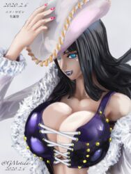 1girls 2020 big_breasts black_hair blue_eyes breasts busty corset cowboy_hat curvy female female_only fur_coat gmotida huge_breasts large_breasts lipstick long_hair looking_at_viewer makeup miss_all_sunday nail_polish navel nico_robin one_piece pre-timeskip purple_lipstick shounen_jump slim_waist solo solo_female tight_clothing top_heavy voluptuous