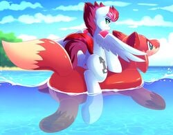 absurd_res airiniblock anus beach clitoral_winking clitoris cutie_mark dock equid equine feathered_wings feathers female feral floating fur furry genitals hasbro hi_res looking_at_viewer looking_back mammal mane my_little_pony outside pegasus pool_float pussy red_mane red_tail sea seaside solo swift_apex_(oc) water white_body white_fur wings