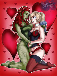 2d 2girls batman_(series) blonde_hair dc_comics female female_only green-skinned_female green_skin hand_holding harley_quinn jzerosk lipstick pamela_isley pigtails poison_ivy red_hair red_lipstick smiling yuri