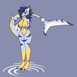 1:1 anthro axela breasts digimon digimon_(species) female fish fur gabumon genitals hair hi_res inner_ear_fluff long_tail marine multicolored_body nipples non-mammal_breasts nude pussy red_eyes shark simple_background solo tuft xion_13 yellow_body yellow_skin