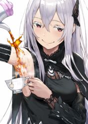 a_fucking_waste_of_tea armpit_fetish armpits blush bodily_fluids butterfly_hair_ornament cup cup_of_tea echidna_(re:zero) fetish hews_hack long_hair looking_at_viewer pouring_on_self re:zero_kara_hajimeru_isekai_seikatsu red_eyes smile steam tea tea_on_armpits white_hair