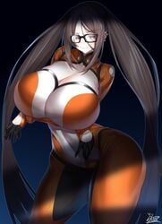 akuta_hinako alternate_breast_size alternate_costume arms_under_breasts brown_hair curvy fate/grand_order fate_(series) glasses huge_breasts large_breasts long_hair thick_thighs twintails watosu_(watosu_mama) yu_mei-ren_(fate)