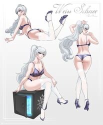 blue_eyes dimples_of_venus heels high_heels lingerie looking_at_viewer looking_back lying_down purple_lingerie rwby scar see-through_clothing sinccubi sitting small_breasts smile smiling solo_female stockings thigh_highs various_positions weiss_schnee white_hair white_stockings