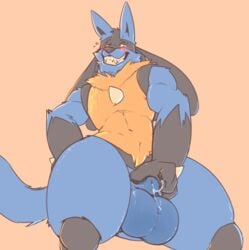 animal_genitalia anthro balls biceps big_balls big_balls_small_penis blush bodily_fluids canid canine chisuun fully_sheathed genital_fluids genitals huge_balls hyper hyper_balls hyper_genitalia lucario male male_only mammal muscular muscular_anthro muscular_male neck_tuft nintendo pokémorph pokemon pokemon_(species) precum reed_(chisuun) sheath solo tuft video_games wide_hips