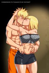 1boy 1girls abs adult_and_teenager age_difference aroused bare_shoulders big_breasts blonde blonde_hair blush bob_cut breasts closed_eyes erect_nipples erect_nipples_under_clothes facial_markings female fishnets grabbing_from_behind kissing male mature_female naruto naruto_(series) naruto_shippuden nipples older_female older_woman_and_younger_boy pants passionate r3ydart samui short_hair skirt standing teenager topless tubetop uzumaki_naruto younger_male