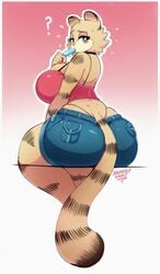 anthro back big_breasts cat_ears catgirl choker feline furry garfield's_mother garfield_(series) huge_breasts looking_back mature_female milf orange_fur popsicle secretly_saucy shorts sitting spaghetti_strap sucking text thick_thighs