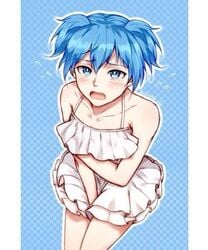 1boy :3 assassination_classroom blue_background blue_eyes blue_hair blush clothing covering dress femboy male male_only nervous shiota_nagisa short_twintails shounen_jump sissy tears twintails white_clothing