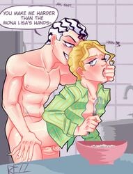 2boys blonde_hair diamond_is_unbreakable fingers_in_mouth grey_hair hand_on_thigh jojo's_bizarre_adventure kitchen kitchen_utensils kosaku_kawajiri long_nails male male/male male_only male_penetrated male_penetrating male_penetrating_male penis precum rezz_fyrrer selfcest smile yaoi yoshikage_kira