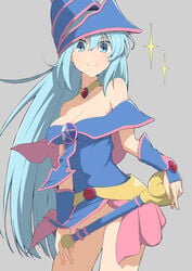 aqua_(konosuba) bangs bare_shoulders blue_dress blue_eyes blue_hair blush breasts choker cleavage collarbone cosplay cowboy_shot dark_magician_girl_(cosplay) dress eyebrows_visible_through_hair gem grey_background groin hair_between_eyes hat holding_object kono_subarashii_sekai_ni_shukufuku_wo! long_hair looking_at_viewer medium_breasts no_panties pentacle salpin skirt smile sparkle staff thighs very_long_hair wizard_hat