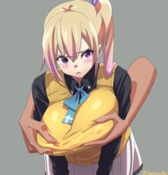 bacon_egg big_breasts blonde blonde_hair breast_grab clothed_female female groping groping_breast_without_consent kawakami_mai long_hair musaigen_no_phantom_world nipples nipples_visible_through_clothing purple_eyes straight