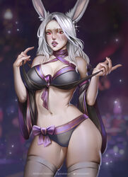 1girls blush bra breasts cleavage evasolo female female_only final_fantasy final_fantasy_xiv looking_at_viewer panties rabbit_humanoid skindentation solo thick_thighs thighhighs viera