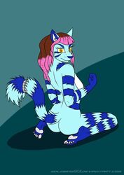 anthro blue_fur brown_hair feline female_only liger pink_hair soledad striped_tail yellow_eyes