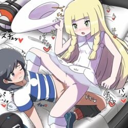 1boy 1girls blonde_hair clothed_sex elio_(pokemon) furanshisu game_freak green_eyes light_skin lillie_(pokemon) nintendo no_panties pokemon pokemon_sm pussy sex vaginal_penetration