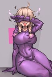 blonde_hair braid breasts covering_eyes covering_face dress kelvin_hiu large_breasts original sharp_teeth tagme tongue tongue_out violet_(kelvin_hiu)