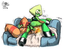 ass beige_hair clenched_teeth couch fellatio female fingering futa_on_female futanari green_skin hand_on_ass irrumatio jasper_(steven_universe) lifting_leg limb_enhancers muscular_female oral orange_skin peridot_(steven_universe) platinum_blonde_hair pubic_hair size_difference steven_universe thick_thighs visor