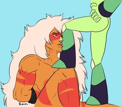 ass beige_hair boots female female_only green_skin hands_on_hips jasper_(steven_universe) licking_leg limb_enhancers muscular_female orange_skin peridot_(steven_universe) size_difference steven_universe tagme yellow_eyes