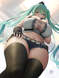 bangs black_legwear blush breasts cowboy_shot curvaceous denim denim_shorts eyebrows_visible_through_hair female fingerless_gloves fully_clothed girls'_frontline gloves green_eyes green_hair hat high_resolution large_breasts long_hair looking_at_viewer micro_uzi_(girls_frontline) midriff navel oekakizuki pouch shorts thick_thighs thighhighs thighs tied_hair twintails very_long_hair viewed_from_below voluptuous wide_hips