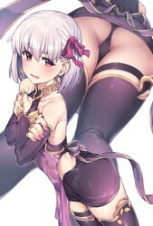 ass bangs bare_shoulders black_legwear black_panties black_underwear blush breasts cute detached_sleeves dress earrings embarrassed eyebrows_visible_through_hair fate/grand_order fate_(series) female hair_between_eyes hair_ornament hair_ribbon high_resolution jewelry jp06 kama_(fate/grand_order) looking_at_viewer mtu_virus multiple_views nail_polish pantsu petite pink_nails purple_dress red_eyes red_ribbon ribbon short_hair silver_hair simple_background sleeveless sleeveless_dress small_breasts smile thick_thighs thigh_gap thighhighs underwear white_background