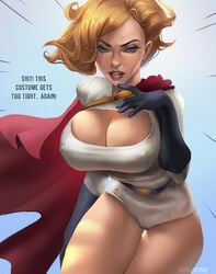 1girls alien alien_girl big_breasts blonde_hair blue_eyes blue_gloves breasts bust busty cape cleavage cleavage_cutout costume dc dc_comics dialogue english english_text eyelashes female female_focus female_only gloves hips hourglass_figure huge_breasts kara_zor-l karen_starr kryptonian lips mature mature_female mature_woman minoryfox outfit power_girl presenting_breasts short_hair solo solo_female solo_focus superhero superheroine superman_(series) text upper_body voluptuous wide_hips woman