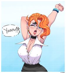 1girls alexa_stanworth armpits arms_up big_breasts breasts cleavage female female_only glasses large_breasts original_character simmsy solo