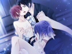 3boys atsushi_murasakibara black_hair censored cum hands kissing kuroko's_basketball kuroko_no_basuke legs long_hair_male male nijimura_shuuzou purple_hair red_hair seijuro_akashi short_hair size_difference threesome yaoi