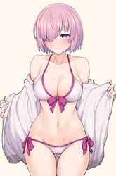 3: bangs bare_shoulders beige_background bikini blush bow breasts clavicle cleavage closed_mouth cowboy_shot embarrassed eyebrows_visible_through_hair fate/grand_order fate_(series) female front-tie_bikini front-tie_top hair_over_one_eye halterneck high_resolution jacket jp06 large_breasts lavender_hair looking_at_viewer mash_kyrielight navel off_shoulder open_clothes open_jacket pink_bow purple_eyes short_hair side-tie_bikini simple_background solo standing string_bikini swimsuit thigh_gap white_bikini white_swimsuit