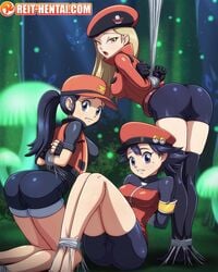 2010s 3girls 4:5 ass background beret big_ass bike_shorts blonde_hair blue_hair breasts cameltoe female female_only forest human light-skinned_female light_skin long_hair looking_at_viewer multiple_girls nervous nintendo npc_trainer pokemon pokemon_masters pokemon_oras pokemon_ranger_(pokemon) pokemon_ranger_(pokemon_masters) pokemon_ranger_(pokemon_oras) pokemon_ranger_(pokemon_xy) pokemon_xy reit scared short_hair short_shorts spats spider_web thighs tied_up tight_clothing trio watermark web_bondage