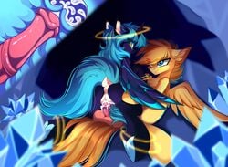 absurd_res airiniblock alicorn animal_genitalia animal_penis balls blue_body blue_fur blue_mane blue_tail bodily_fluids cave cervical_contact crystal cum cum_drip cum_in_pussy cum_in_uterus cum_inside cum_leaking cutaway dock dripping duo ears_back equid equine equine_penis fan_character feathered_wings feathers female feral flared_penis fur furry genital_fluids genitals halo hasbro hi_res horn inner_ear_fluff internal looking_at_another looking_back male mammal mane my_little_pony orange_mane orange_tail pegasus penis pivoted_ears straight tuft underground uterus wings yellow_body yellow_fur