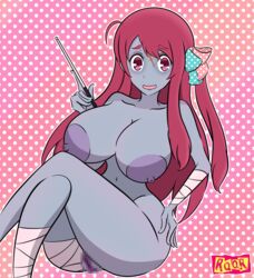 areola bandages big_areola big_breasts grey_skin minamoto_sakura nipples puffy_pussy pussy red_eyes red_hair ribbons rqqr scars thick_thighs vagina zombie zombie_girl