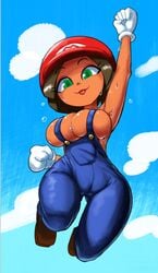 1girls breasts cleavage dark-skinned_female female female_only green_eyes huge_breasts looking_at_viewer male_character_(cosplay) maria_(miitopia) mario_(cosplay) mario_(series) mii miitopia minus8 nintendo no_bra overalls short_hair sweat sweatdrop tagme tan thick_thighs tongue_out wide_hips