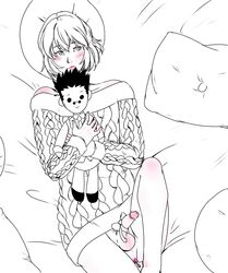 1boy anal_beads androgynous blush crossdrossing demonbab_y exposed_shoulders femboy hunter_x_hunter kurapika laying_on_bed leorio_paladiknight male_only pantless penis pillows plushie sweater