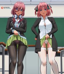 2girls blue_eyes bra clothed disgusted disgusted_look go-toubun_no_hanayome headphones headphones_around_neck keisuke_aero light_pink_hair looking_at_viewer looking_down multiple_girls nakano_miku nakano_nino panties pantsu pantyhose pantyshot pantyshot_(standing) pink_hair red_brown_hair red_hair school school_desk school_uniform schoolgirl shy skirt skirt_lift skirt_up standing thighhighs thighs tights