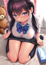 bangs black_hair black_legwear black_skirt blue_bow blue_eyes blue_neckwear blush bow bowtie breasts button_gap cleavage closed_mouth collared_shirt curtains female female female_only full_body hair_between_eyes heart indoors kase_daiki kneehighs large_breasts long_hair looking_at_viewer low_twintails original seiza shirt short_sleeves sitting skirt smile solo striped striped_bow striped_neckwear stuffed_animal stuffed_toy teddy_bear thighs tied_hair tissue_box twintails white_shirt