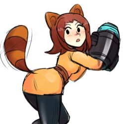 1girls animal_ears arm_cannon ass blush brown_hair embarrassed female mario_(series) mii mii_gunner mii_gunner_(smash_4) mob_face new_super_mario_bros._2 nintendo opeipiao pie_(artist) raccoon_ears raccoon_girl raccoon_tail short_hair super_smash_bros. super_smash_bros._for_nintendo_3ds_and_wii_u surprised tail