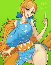 1girls 47_hard blue_clothing blue_kimono bouncing_breasts breasts clothing collar exposed_pussy female female_only green_background japanese_clothes kimono large_breasts looking_at_viewer nami no_panties onami one_piece orange_hair pose post-timeskip pussy solo solo_female