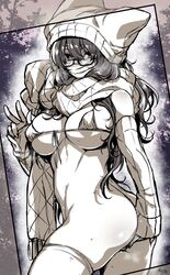 ass bikini bikini_top blush breasts cleavage commentary_request cowboy_shot eyebrows_visible_through_hair eyes_visible_through_hair female glasses hair_between_eyes hat heart heart-shaped_pupils highres large_breasts long_hair long_sleeves looking_at_viewer mask monochrome original scarf solo swimsuit symbol-shaped_pupils takatsuki_ichi thighhighs v watermark