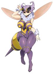 bad_id bad_twitter_id bee_girl black_eyes breasts clothing darkstalkers female full_body fur_collar highres huge_breasts insect_girl insect_wings large_breasts lavender_hair looking_at_viewer q-bee simple_background slugbox solo stinger white_background wings