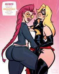 2girls big_breasts blonde_hair blue_eyes braided_ponytail capcom carol_danvers clothed_female crimson_viper crossover dialogue dialogue_bubble eastern_and_western_character female/female female_only fingering goggles hugotendaz long_hair marvel marvel_comics marvel_vs._capcom mask ms._marvel ms._marvel_(carol_danvers) multiple_girls orange-tinted_eyewear red_hair street_fighter sunglasses text tinted_eyewear visor yuri