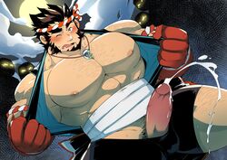 arm_hair bandages bara being_watched blushing boner chest_hair cum cumshot embarrassed erection facial_hair gay housamo kokuhane leg_hair looking_at_viewer male male_only mouth_open necklace one_eye_closed orgasm penis_out pubic_hair public_humiliation removing_clothing sharp_teeth surrounded sweat tajikarao_(tokyo_afterschool_summoners) tokyo_afterschool_summoners tongue