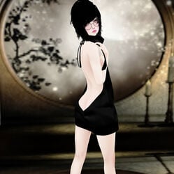 3d 3d_(artwork) ass ass_cleavage black_hair black_sweater butt_crack crossdressing cute femboy gay glasses imvu makeup no_panties pose skinny virgin_killer_sweater