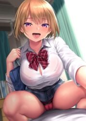 bag bangs blonde_hair blush bow bowtie bra bra_visible_through_clothes breasts cameltoe clavicle cleavage collared_shirt dress_shirt fanbox_reward female female grey_skirt high_resolution kase_daiki large_breasts large_filesize long_sleeves looking_at_viewer open_clothes open_mouth open_shirt original outstretched_arm paid_reward pantsu pink_panties plaid plaid_skirt purple_eyes red_bow school_bag school_uniform see-through self_shot shirt short_hair skirt skirt_lift smile solo squatting thighs tongue tongue_out underwear uniform very_high_resolution wet white_shirt