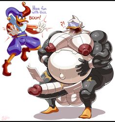 2020 ?! absurd_res anatid anseriform anthro avian balls beak bell belly big_balls big_belly big_muscles big_penis bird black_bars bobthetanuki bulge clothed clothing darkwing_duck dialogue disney duck ducktales duo english_text erection extrasizedbob fool's_hat footwear front_view fully_clothed furry futa_is_bigger futanari genderswap genitals gizmoduck glans grey_body hat headgear headwear hi_res huge_balls huge_cock huge_muscles huge_nipples humanoid_genitalia humanoid_penis jester letterbox levitation machine magic male male_only metal_balls metal_penis metallic_body muscular muscular_male nipples nude open_mouth penis purple_clothing quackerjack robot teeth text tongue tongue_out white_body