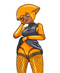 1girls big_breasts black_dress blush blushing breasts cartoon_network crazypotato dark-skinned_female dark_skin dress_lift female female_only fishnet_legwear fishnet_pantyhose fishnet_stockings fishnet_thighhighs fishnets lifting_dress ok_k.o.!_let's_be_heroes orange_body red_eyes robot robot_girl shannon_(ok_k.o.!_let's_be_heroes) shannon_boxman sideboob signature smile smiling solo thick_thighs thighhighs transparent_background upskirt