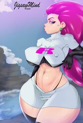 bare_midriff big_breasts blue_eyes breasts busty crop_top curvaceous curvy earrings elbow_gloves erect_nipples female female_focus female_only g-string hourglass_figure jessie_(pokemon) large_breasts lipstick long_hair makeup miniskirt navel nintendo nipple_bulge panamanianprincess pink_hair pinup pokemon pose posing skirt solo standing thick_thighs thong voluptuous wide_hips