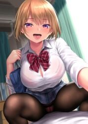 bag bangs blonde_hair blush bow bowtie bra bra_visible_through_clothes breasts brown_legwear clavicle cleavage collared_shirt crotch_seam dress_shirt fanbox_reward female female grey_skirt high_resolution kase_daiki large_breasts large_filesize long_sleeves looking_at_viewer open_clothes open_mouth open_shirt original outstretched_arm paid_reward panties_under_pantyhose pantsu pantyhose pink_panties plaid plaid_skirt purple_eyes red_bow school_bag school_uniform see-through self_shot shirt short_hair skirt skirt_lift smile solo squatting thighs tongue tongue_out underwear uniform very_high_resolution wet white_shirt