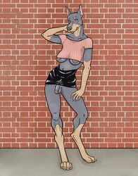 2020 absurd_res anthro balls big_breasts blue_eyes bottomwear breasts brick_wall canid canine canis clothed clothing clothing_lift colored_nails crop_top digital_media_(artwork) digitigrade dobermann domestic_dog exhibitionism flaccid flashing futanari genitals gynomorph hi_res humanoid_genitalia intersex mammal nails nipples no_underwear partially_clothed penis pinscher prick_ears rubber salmonmcclearn shirt skirt skirt_lift solo standing topwear uncut